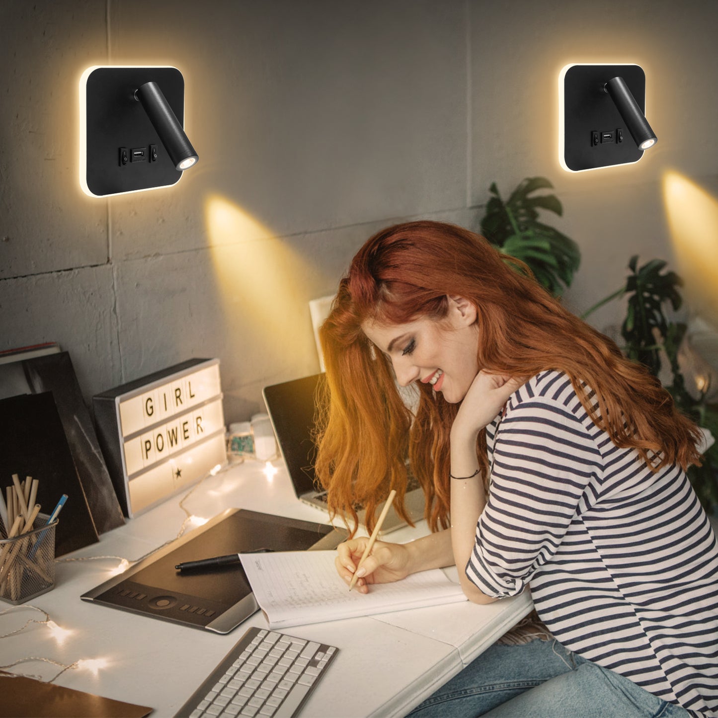 Lampe murale LED avec port USB pour lecture et chevet