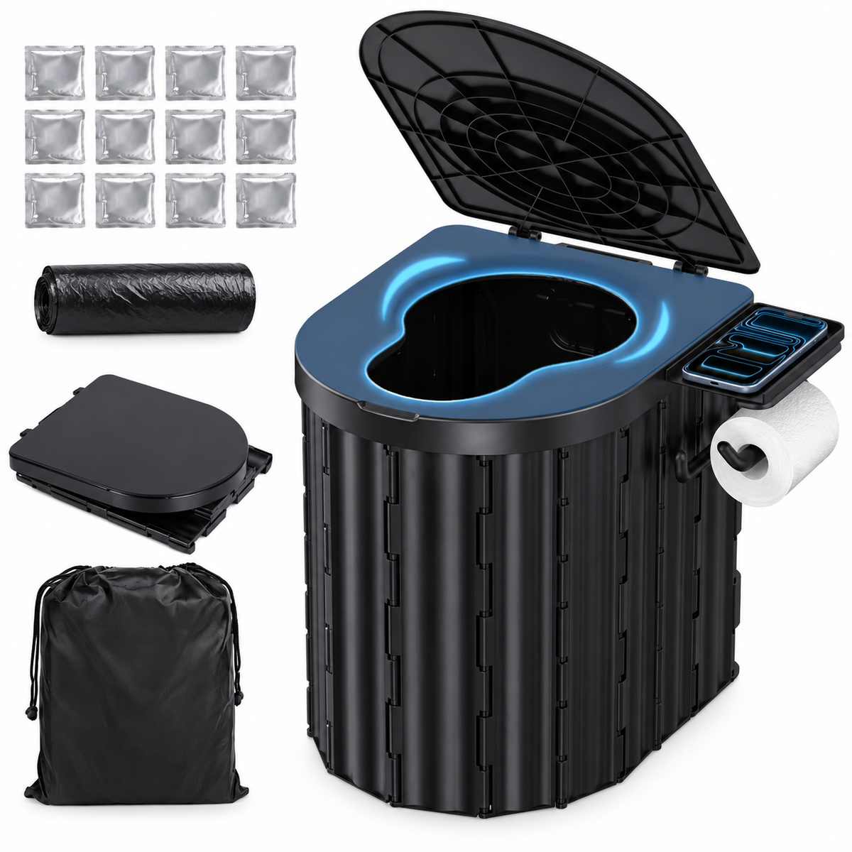 Toilette Portable Pliable avec Couvercle – WC de Camping Compact ABS – Voyage, Randonnée, Van & Urgence – Noir