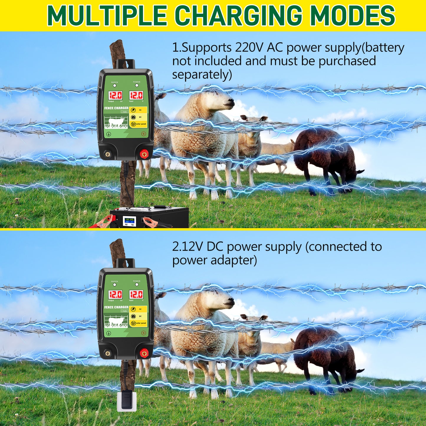 Électrificateur de Clôture 7,5 km – Sortie 2J – Alimentation 12V / AC / Solaire pour Bétail et Volailles