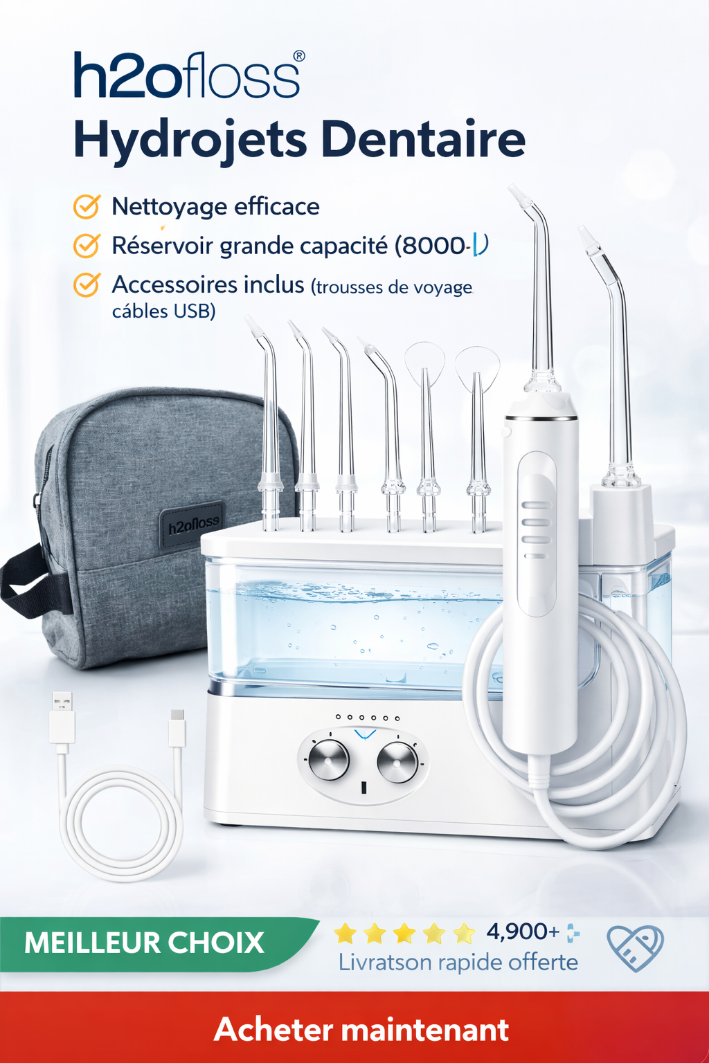 Hydropulseur dentaire portable 570ML – Irrigateur buccal USB rechargeable, 6 modes, 5 embouts, nettoyage interdentaire haute pression