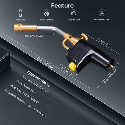 Propane Blowtorch with 3 Nozzles 10/13/19 mm – Welding, Brazing, Heating, Barbecue Torch – High Temperature