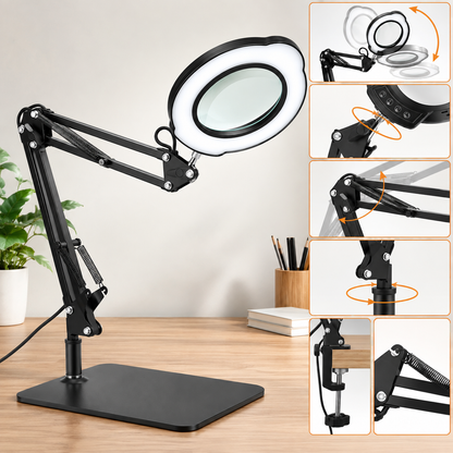 Loupe LED 15X avec Bras Articulé & Pince Bureau – 5 Températures de Couleur – 10 Niveaux de Luminosité – Travaux de Précision
