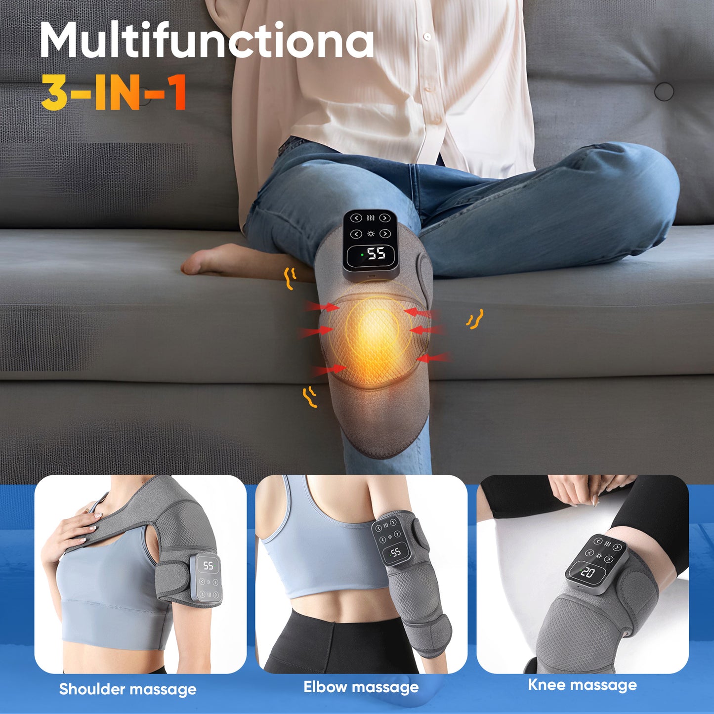 Genouillère Chauffante et Vibrante 3 en 1 – Masseur de Genou Rechargeable avec Réglage Température et Massage – Coussin Chauffant pour Genou, Coude, Épaule