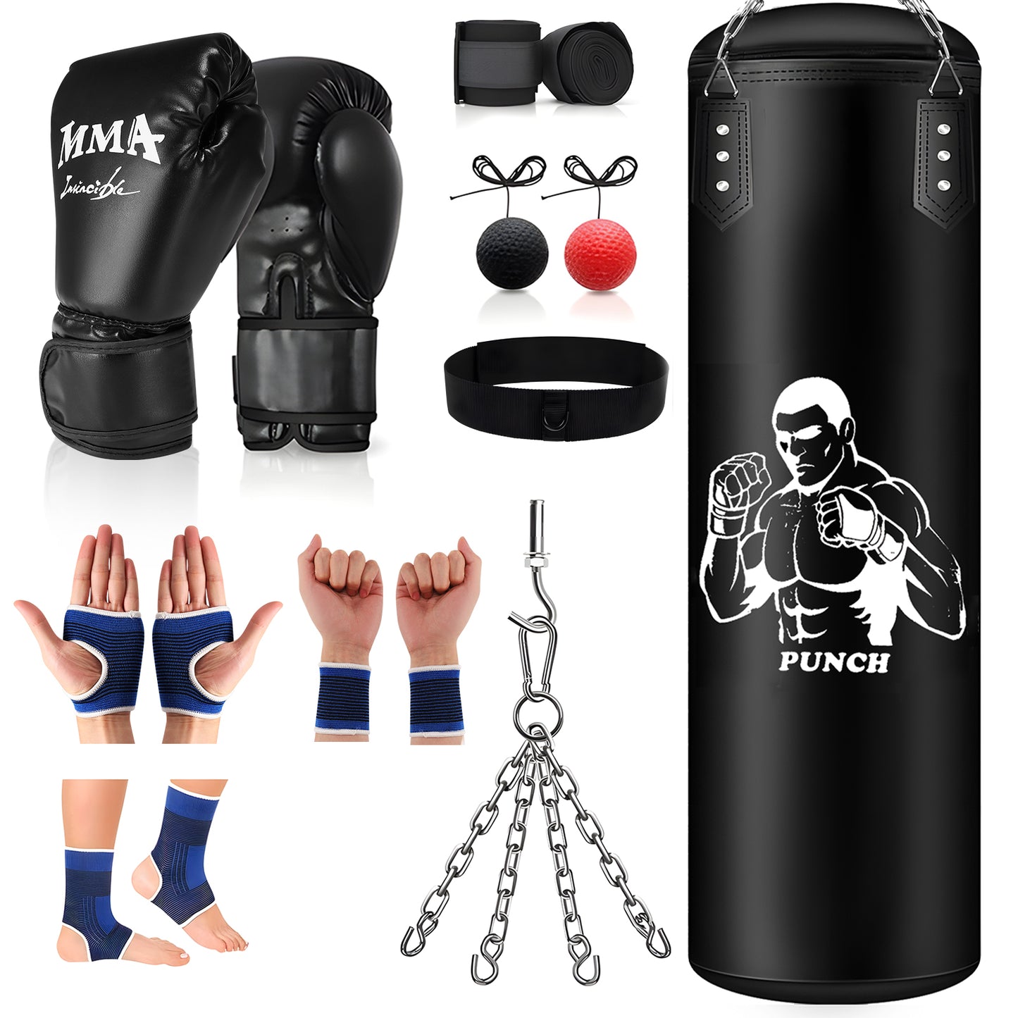 Sac de Frappe 120 cm avec Gants et Accessoires – Sac de Boxe pour Entraînement Fitness et MMA – Suspension Incluse – Adulte Débutant Confirmé