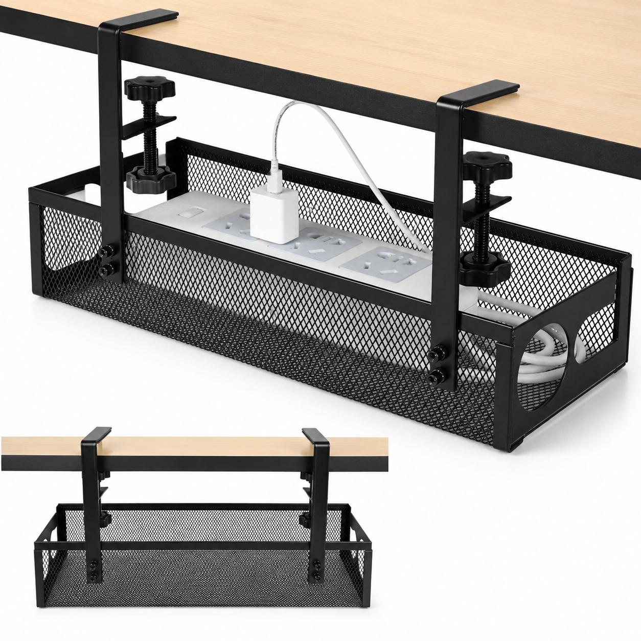 Organisateur de Câbles Sous Bureau Métallique avec Fixation par Pince – Gestion des Câbles, Support Multiprise, Panier Range-Câbles pour Bureau Gaming et Télétravail