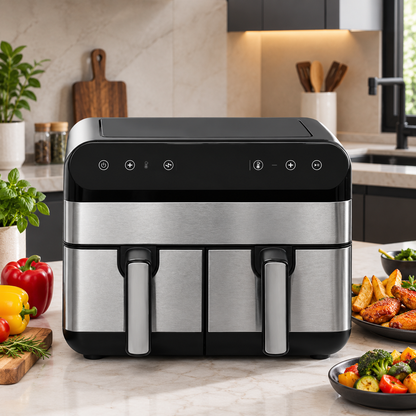 Friteuse à Air Chaud Double Panier 10L 2400W – Écran Tactile LED Sans Huile – XXL Cuisine Familiale – Noir