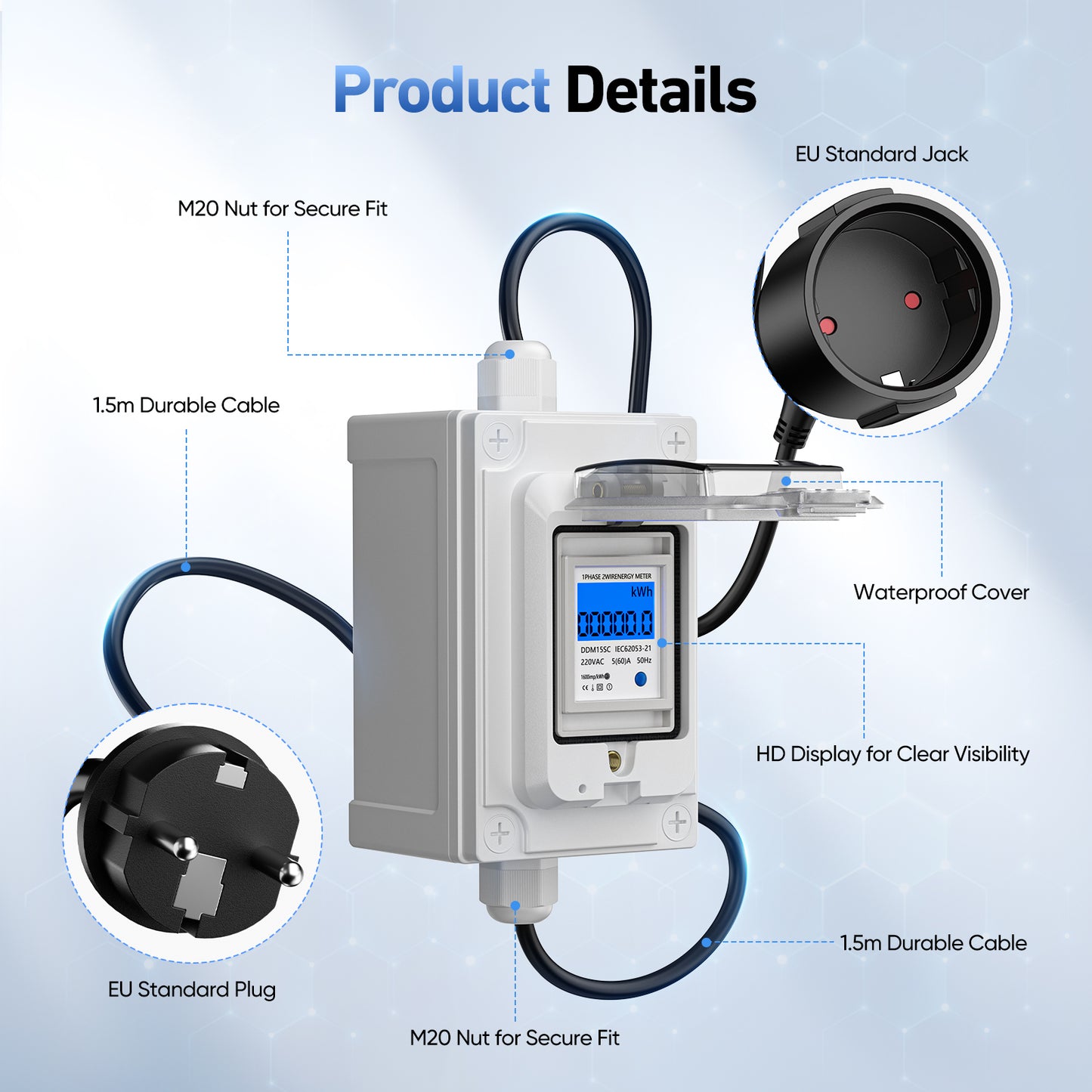 Compteur Électrique Numérique Mobile 230V 60A – Compteur KWh CEE IP67 Étanche avec Affichage LED