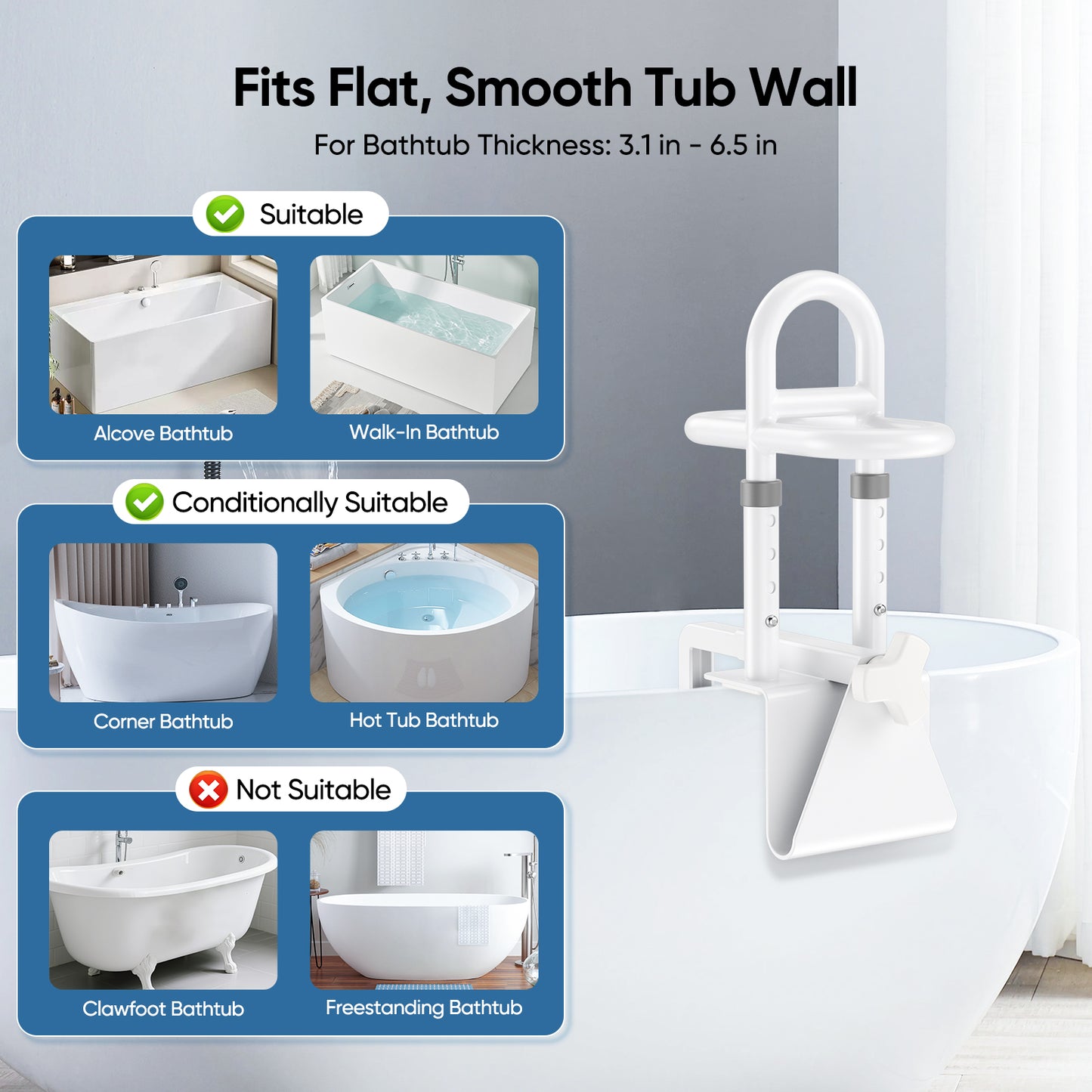 Barre d’Appui de Sécurité pour Baignoire et Toilettes – Poignée Réglable 7,5 à 17 cm – Installation Sans Perçage