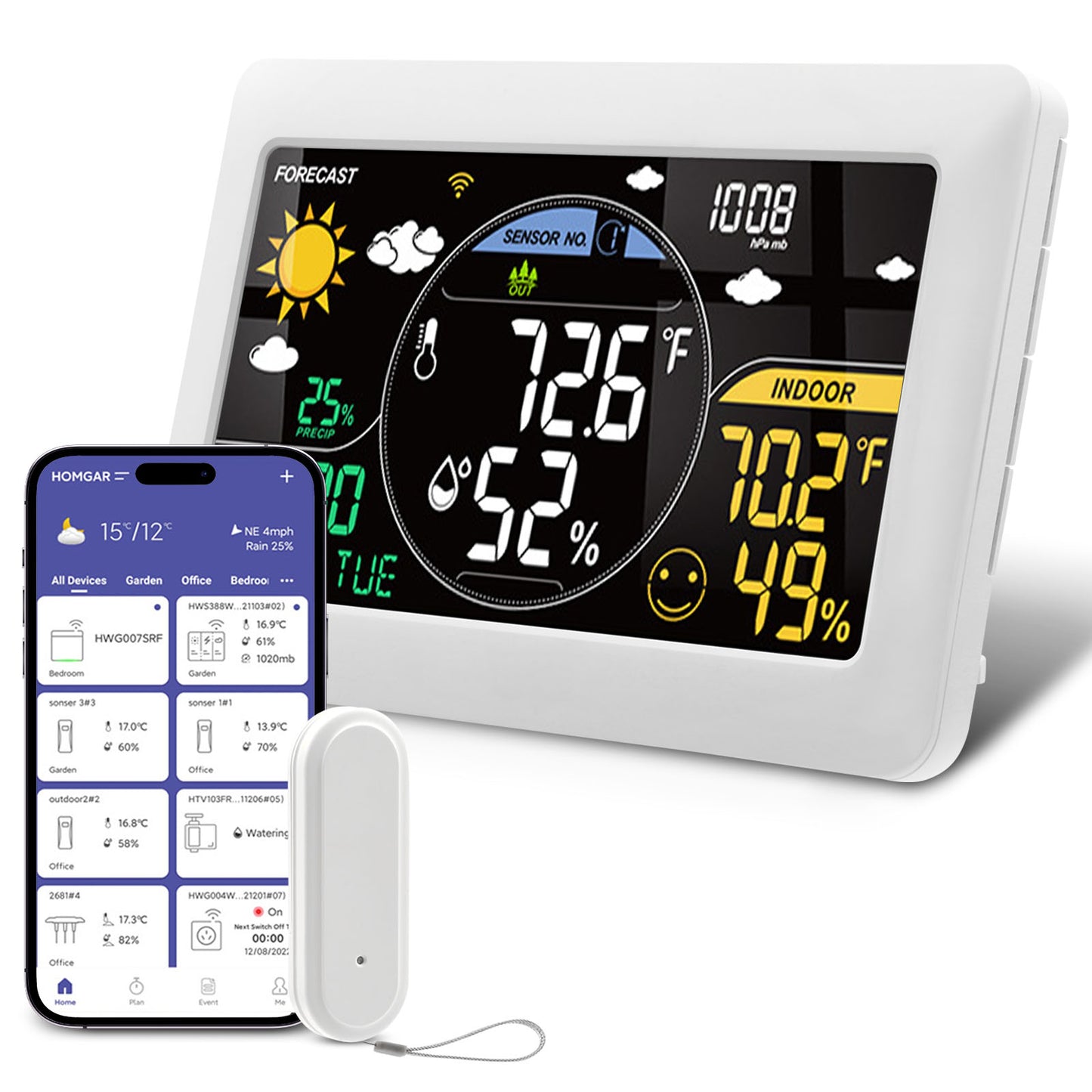 Station Météo Connectée WiFi avec Capteur Extérieur – Thermomètre Hygromètre Intérieur/Extérieur – Écran LCD Couleur, Horloge, Application Mobile