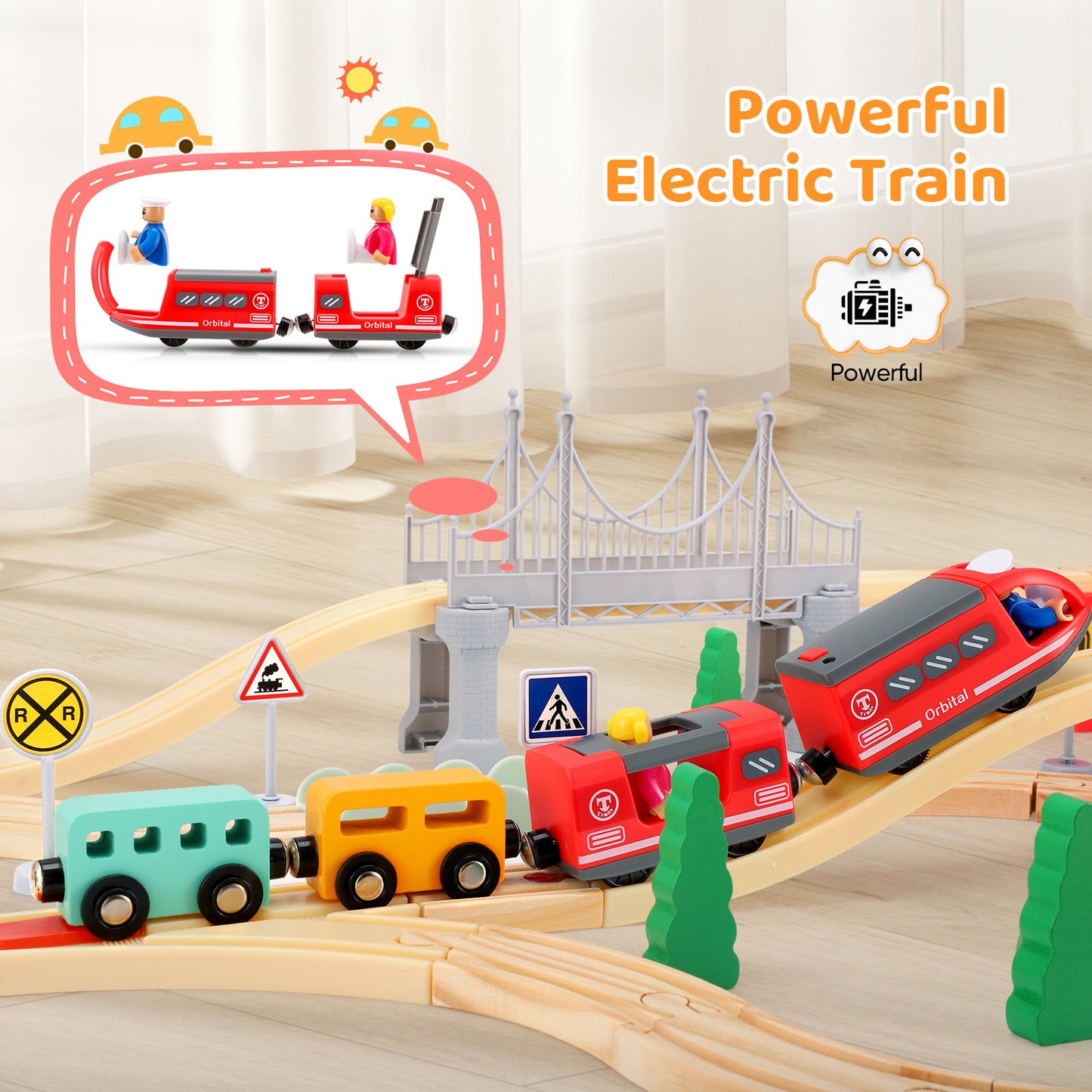 Rails de Train en Bois 72 / 108 Pièces – Ensemble de Circuit Ferroviaire avec Accessoires pour Enfants