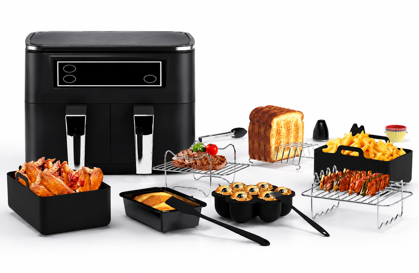 Lot de 19 Accessoires pour Friteuse à Air Double Compartiment | Moules Silicone, Grilles, Support Brochettes et Ustensiles Compatibles Air Fryer