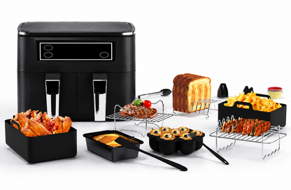 Lot de 19 Accessoires pour Friteuse à Air Double Compartiment – Moules Silicone, Grilles, Brochettes & Ustensiles