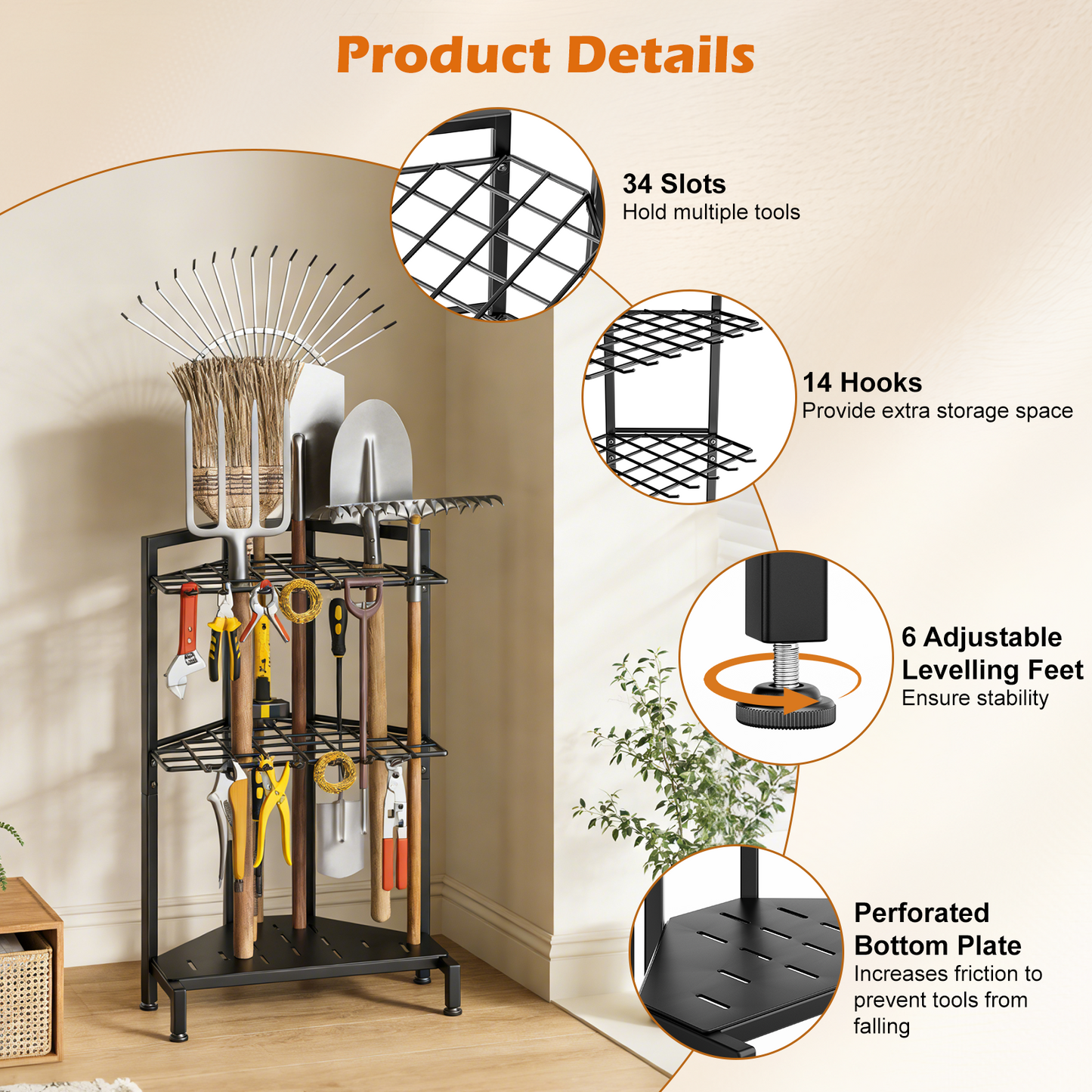 Organisateur Outils Jardin avec Roues – Support Rangement Garage Râteau Pelle Crochets