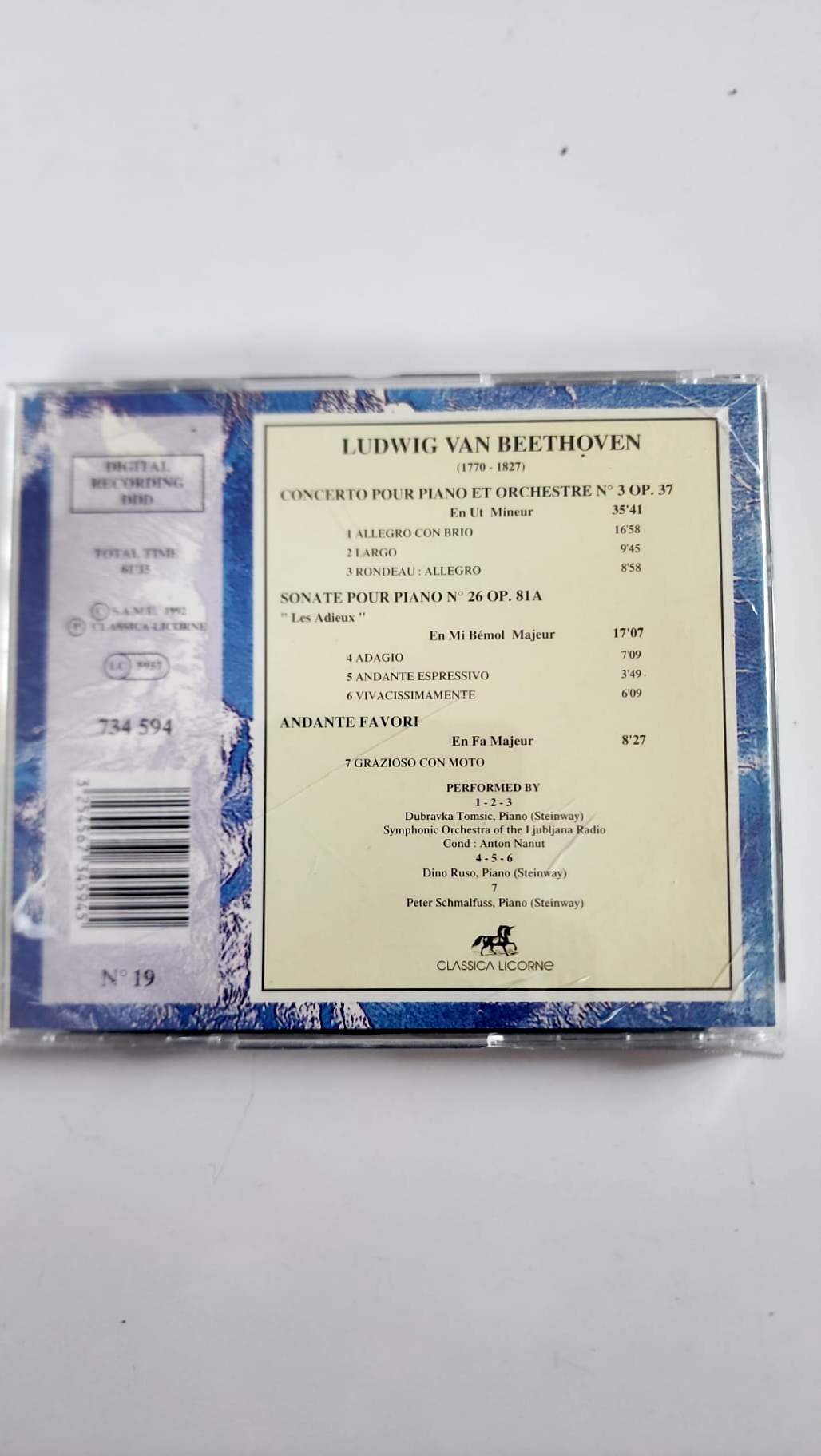 Beethoven – Concerto pour piano n° 3, Sonate n° 26 et Andante favori – CD Classica Licorne
