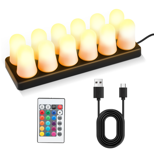 Lot de 12 Bougies LED Rechargeables avec Télécommande – Lumière Ambiance RGB Multicolore, Base de Recharge USB – Décoration Table Mariage, Noël, Fête