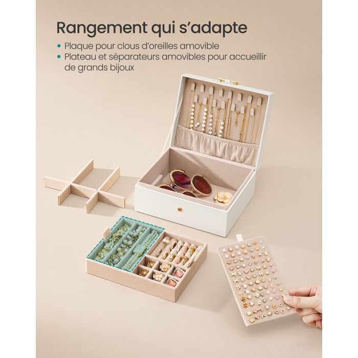 Boîte à bijoux SONGMICS blanc crème – 2 niveaux et plateau amovible — vue complémentaire 2