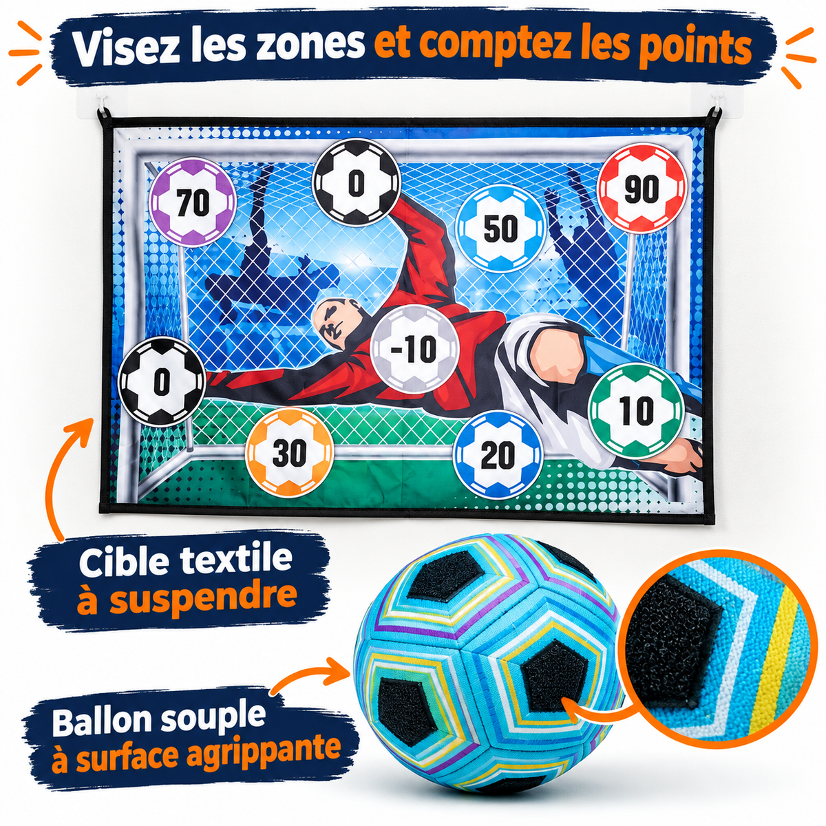 Cible textile à suspendre et ballon souple à surface agrippante
