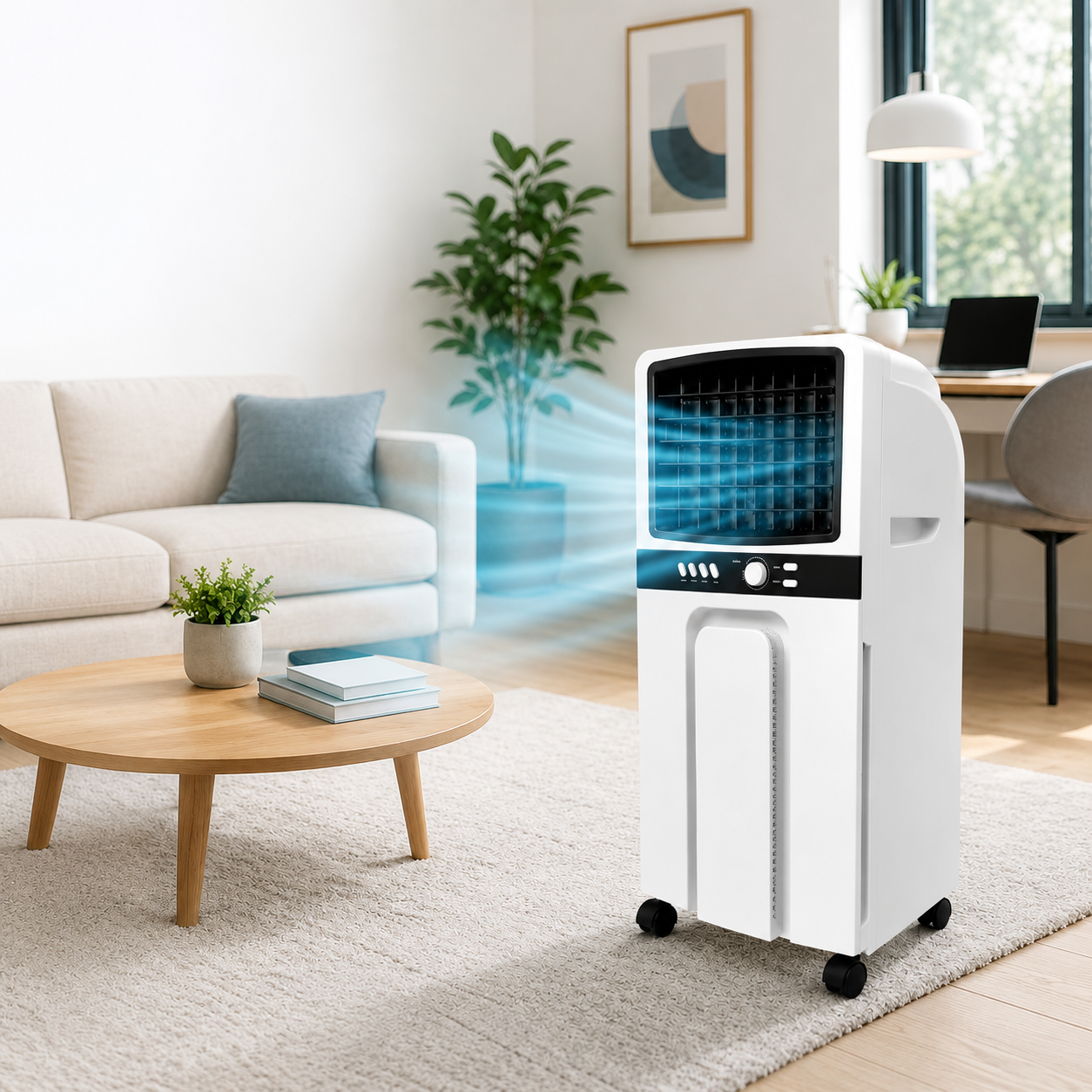 Rafraîchisseur d'Air Évaporatif 65W – Réservoir 6L, 3 Vitesses, Mobile sur Roulettes + 2 Blocs Réfrigérants – Blanc