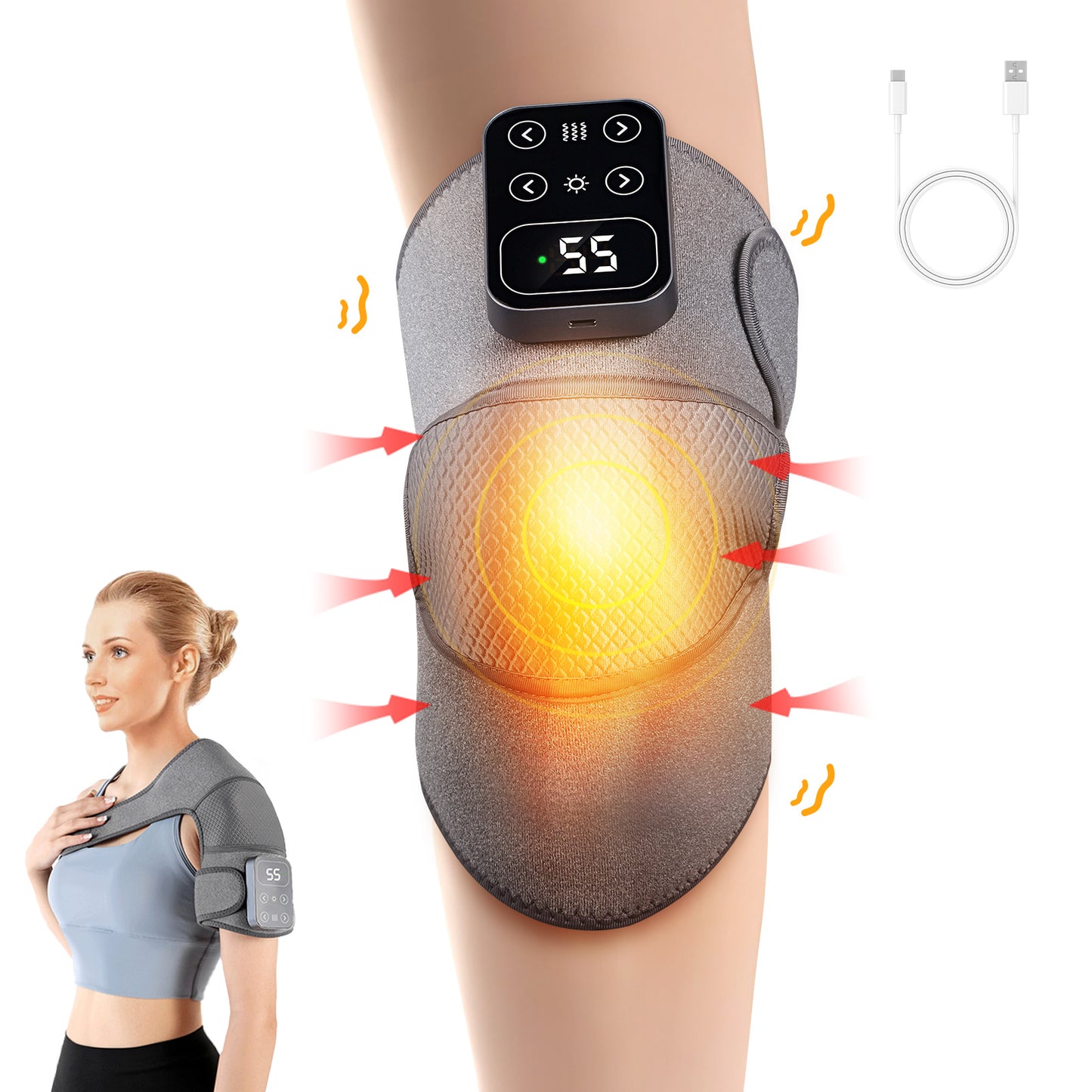 Genouillère Chauffante et Vibrante 3 en 1 – Masseur de Genou Rechargeable avec Réglage Température et Massage – Coussin Chauffant pour Genou, Coude, Épaule