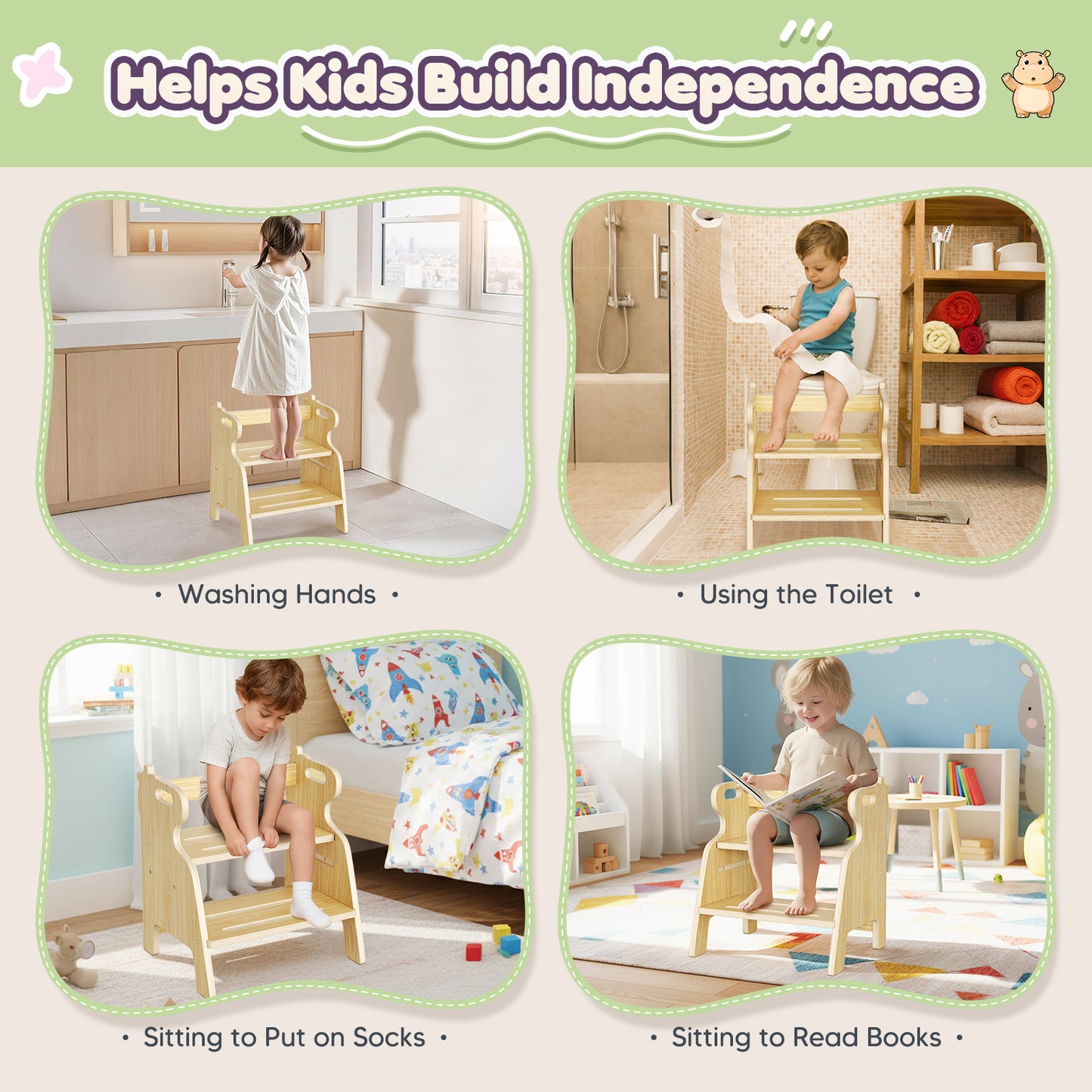 Tabouret Enfant 2 Marches en Bois 4-en-1 – Marchepied Antidérapant Salle de Bain Évier