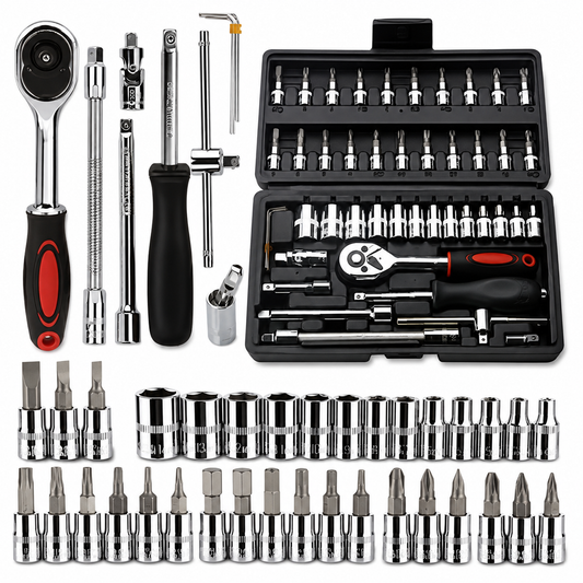 Coffret d'Outils Mécanique 46 Pièces – Jeu de Douilles, Clé à Cliquet, Embouts & Accessoires Auto, Moto & Bricolage