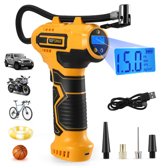 Compresseur d’Air Portable Sans Fil 150 PSI – Pompe Voiture avec 2 Batteries et 4 Embouts