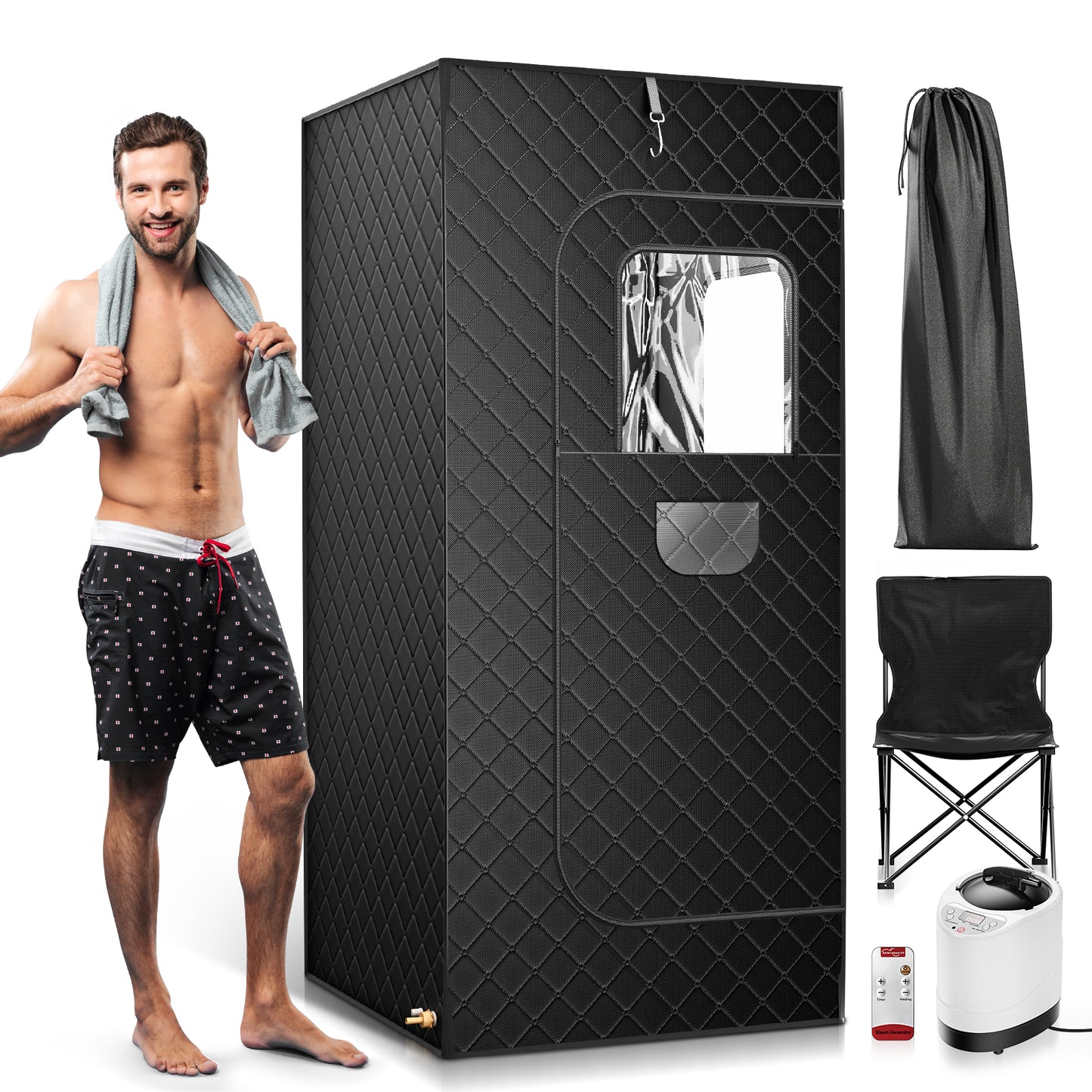 Sauna à vapeur portable pour la maison – 1000W – Cuve 3L – Cabine pliable individuelle avec siège et télécommande – Relaxation et détox