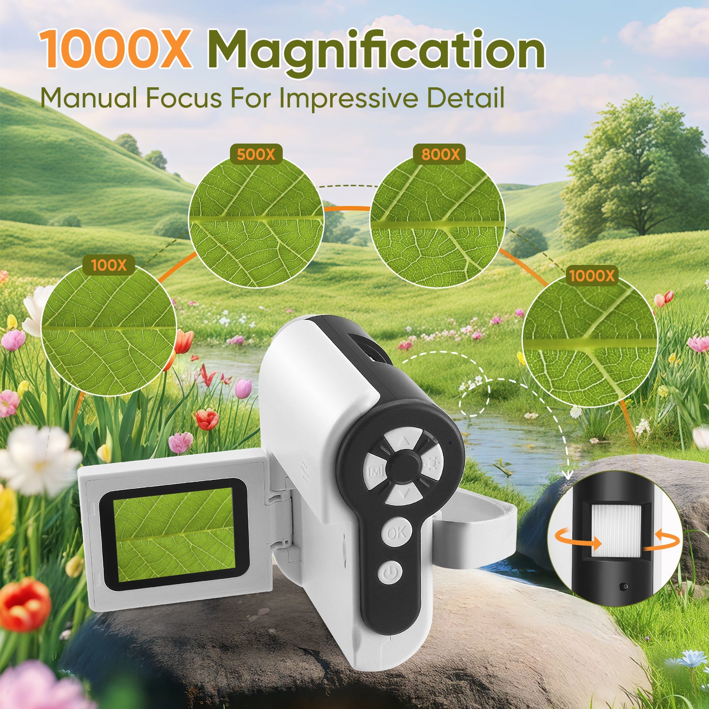Microscope Portable 100-1000X avec Écran IPS 2" – Mini Microscope Éducatif pour Enfants