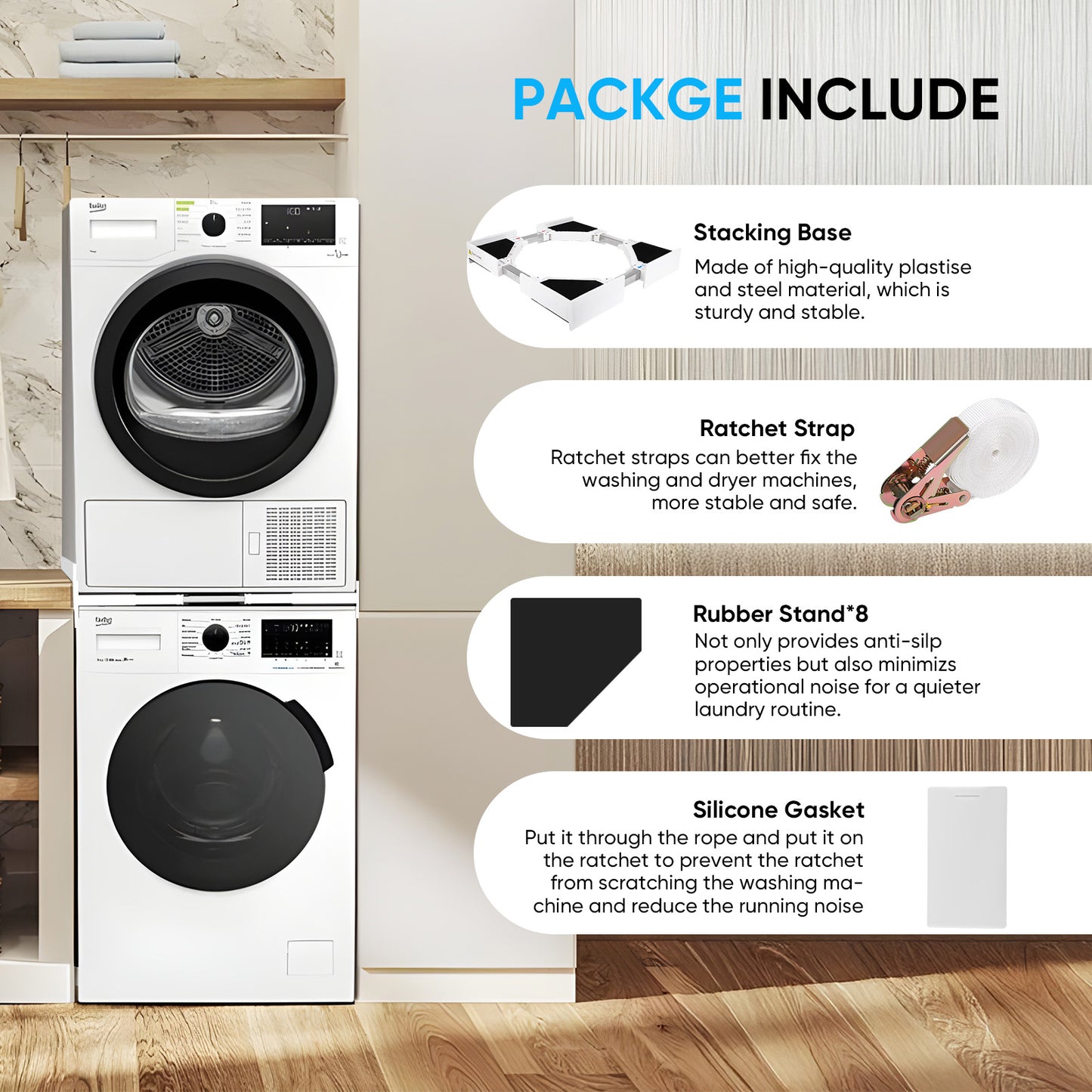 Kit d’Empilage Universel Lave-Linge Sèche-Linge – Support avec Sangles à Cliquet 45-86 cm