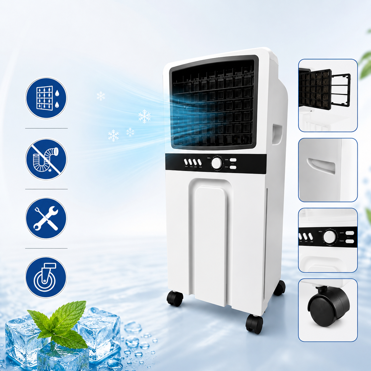 Rafraîchisseur d'Air Évaporatif 65W – Réservoir 6L, 3 Vitesses, Mobile sur Roulettes + 2 Blocs Réfrigérants – Blanc