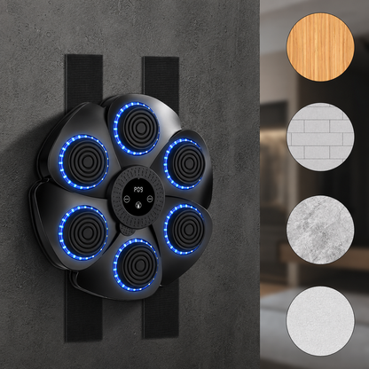 Máquina de Boxeo Musical de Pared – 6 Blancos LED Interactivos – Fitness y Reflejos – Conexión para Smartphone – Guantes Incluidos
