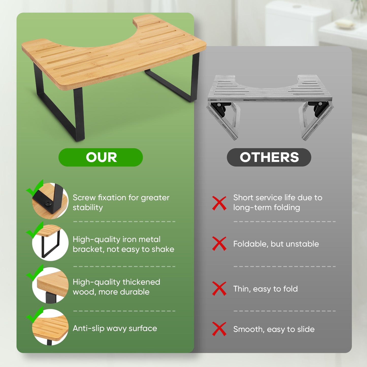 Tabouret WC Ergonomique Bambou – Repose-Pieds Toilette Pliable Antidérapant Salle de Bain