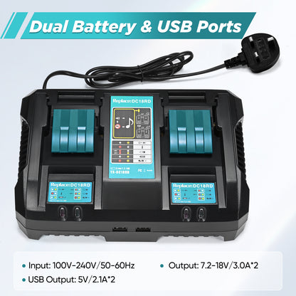 Chargeur Double Batterie 14.4V–18V 4A Compatible Outils Électroportatifs – Charge Rapide Li-Ion avec Indicateur LED – Station de Recharge Double Port