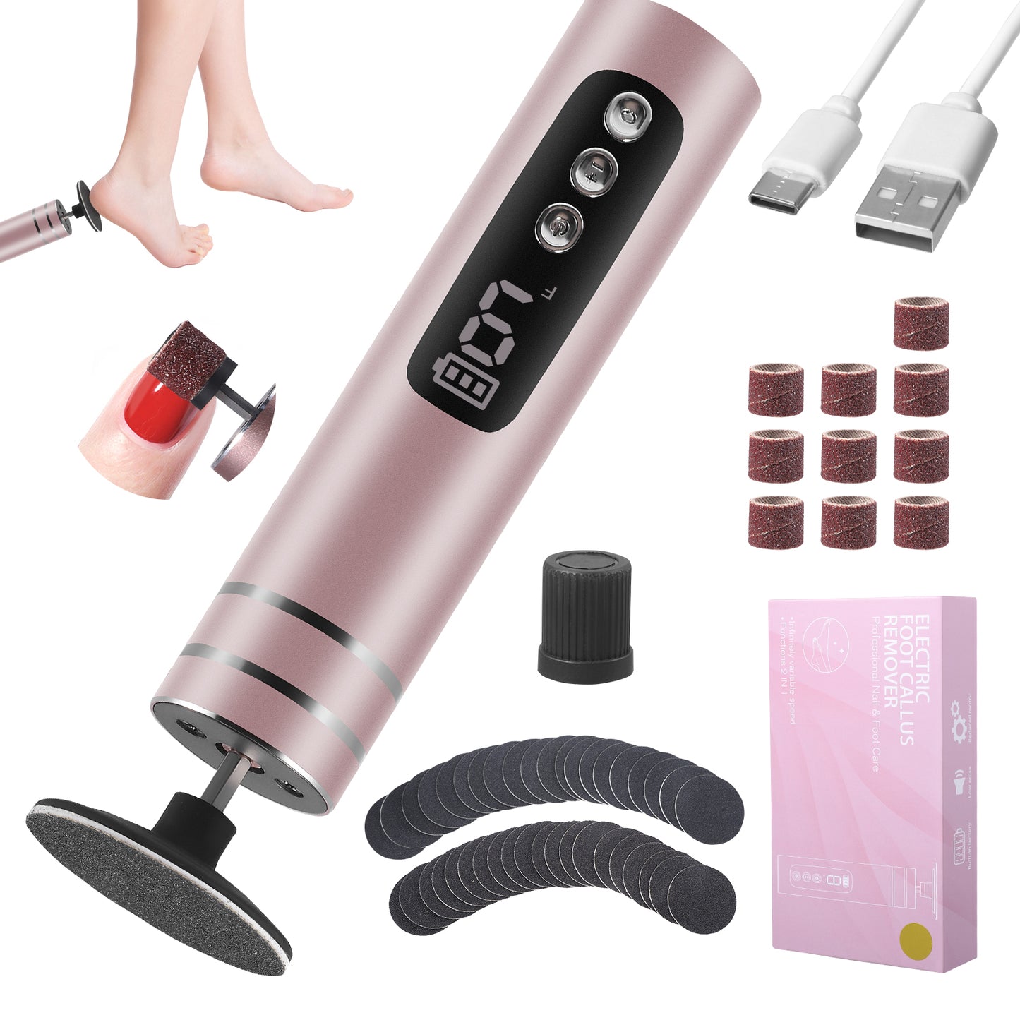 Râpe Électrique Pieds 2 en 1 Rechargeable – Éliminateur Callosités et Peaux Mortes