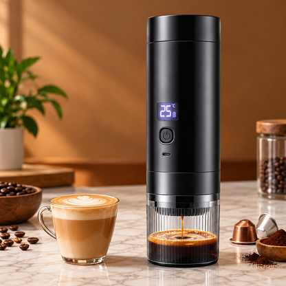 Machine à Café Portable 20 Bars Rechargeable USB-C – Expresso Nomade Sans Fil – Compatible Capsules & Café Moulu – Écran Numérique
