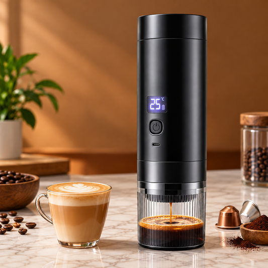 Machine à Café Portable 20 Bars Rechargeable USB-C – Expresso Nomade Sans Fil – Compatible Capsules & Café Moulu – Écran Numérique