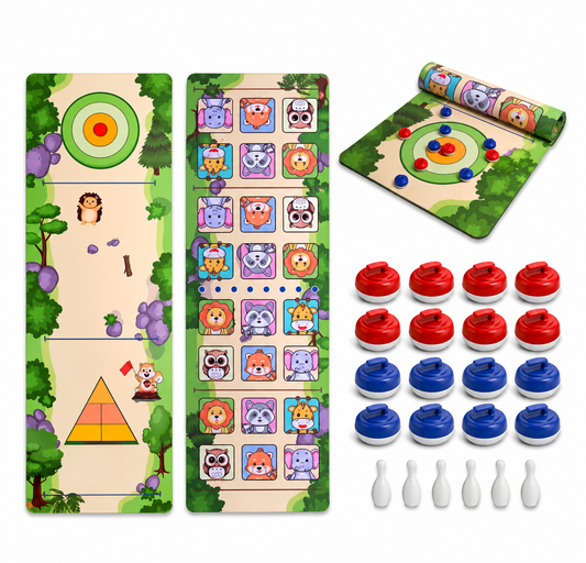 Jeu de Curling de Table 5 en 1 pour Enfants et Adultes – Jeu de Société Familial – Shuffleboard, Hockey sur Glace, Bowling – Tapis Double Face – Cadeau Anniversaire Noël