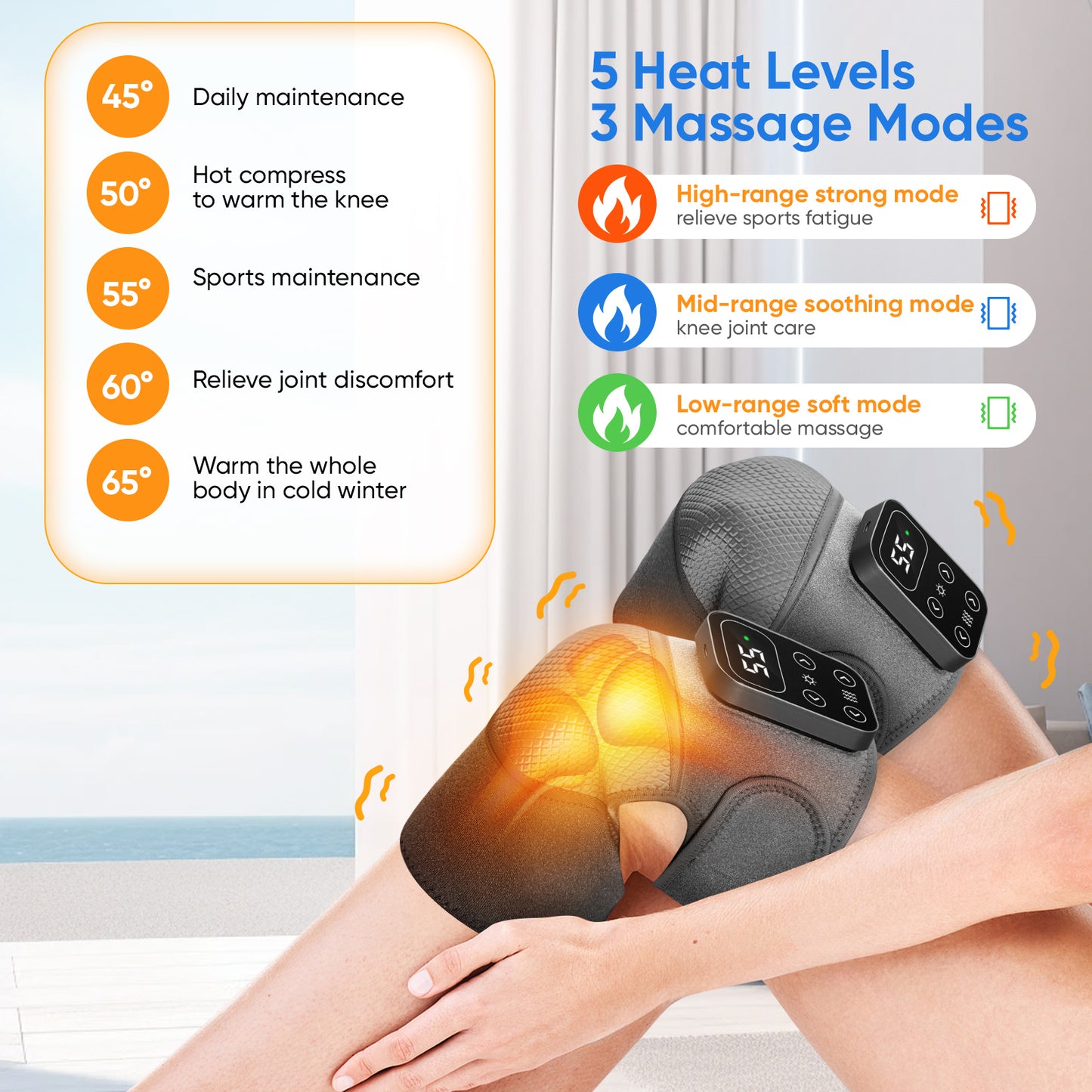 Genouillère Chauffante et Vibrante 3 en 1 – Masseur de Genou Rechargeable avec Réglage Température et Massage – Coussin Chauffant pour Genou, Coude, Épaule