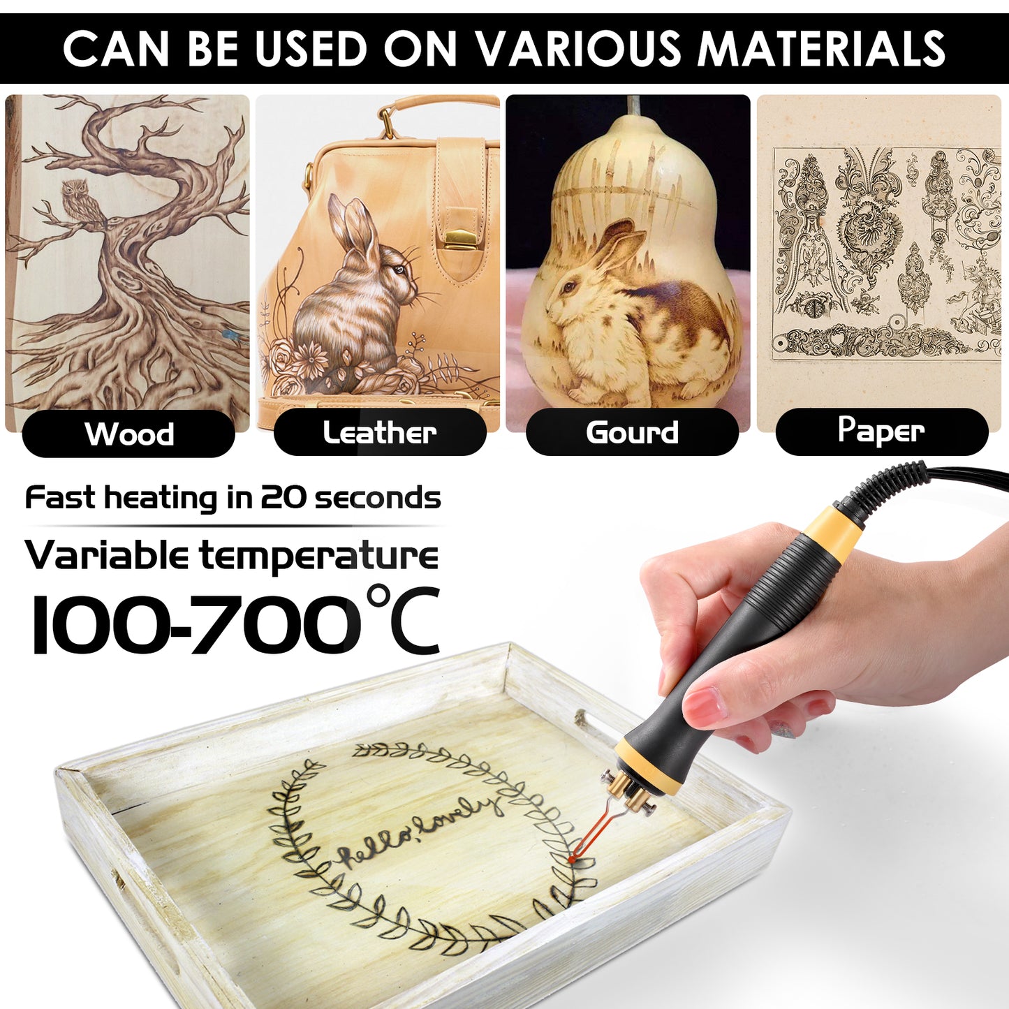 Kit Pyrogravure Bois 100-700°C – Stylo Combustion Bois avec 23 Pointes – Outil Gravure DIY Débutant Pro
