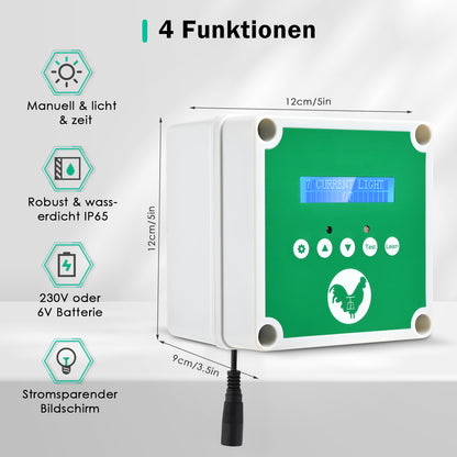 Ouvre-Porte Automatique Poulailler IP65 avec Télécommandes – Programmation Minuterie – Système Intelligent Étanche – Contrôleur Porte Poule