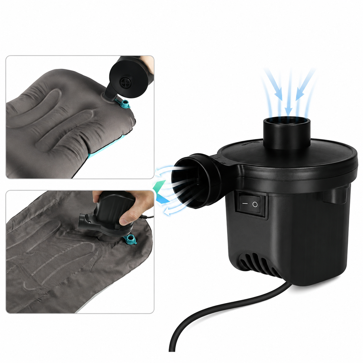 Pompe à Air Électrique Portable Haute Puissance – Gonfleur Rapide pour Matelas Gonflable, Piscine, Bouée, Bateau et Camping – 3 Embouts Inclus