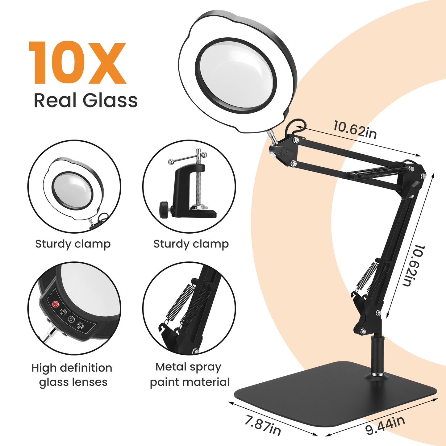 Loupe 10X avec Lampe LED – Bras Articulé avec Pince et Variateur pour Bureau et Réparation