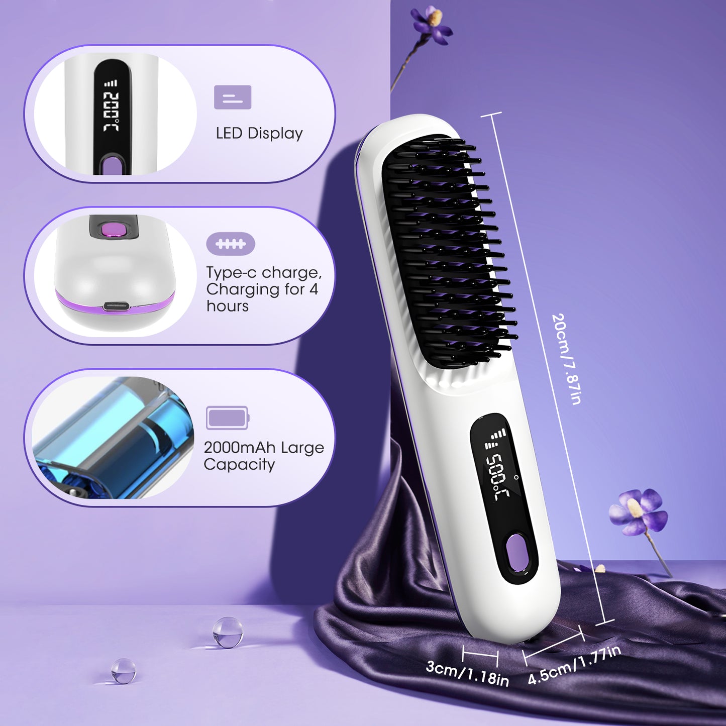 Brosse Lissante Chauffante Électrique – Lisseur Cheveux Température Réglable 160-200°C – Anti-Brûlure – Lissage Rapide Tous Types de Cheveux