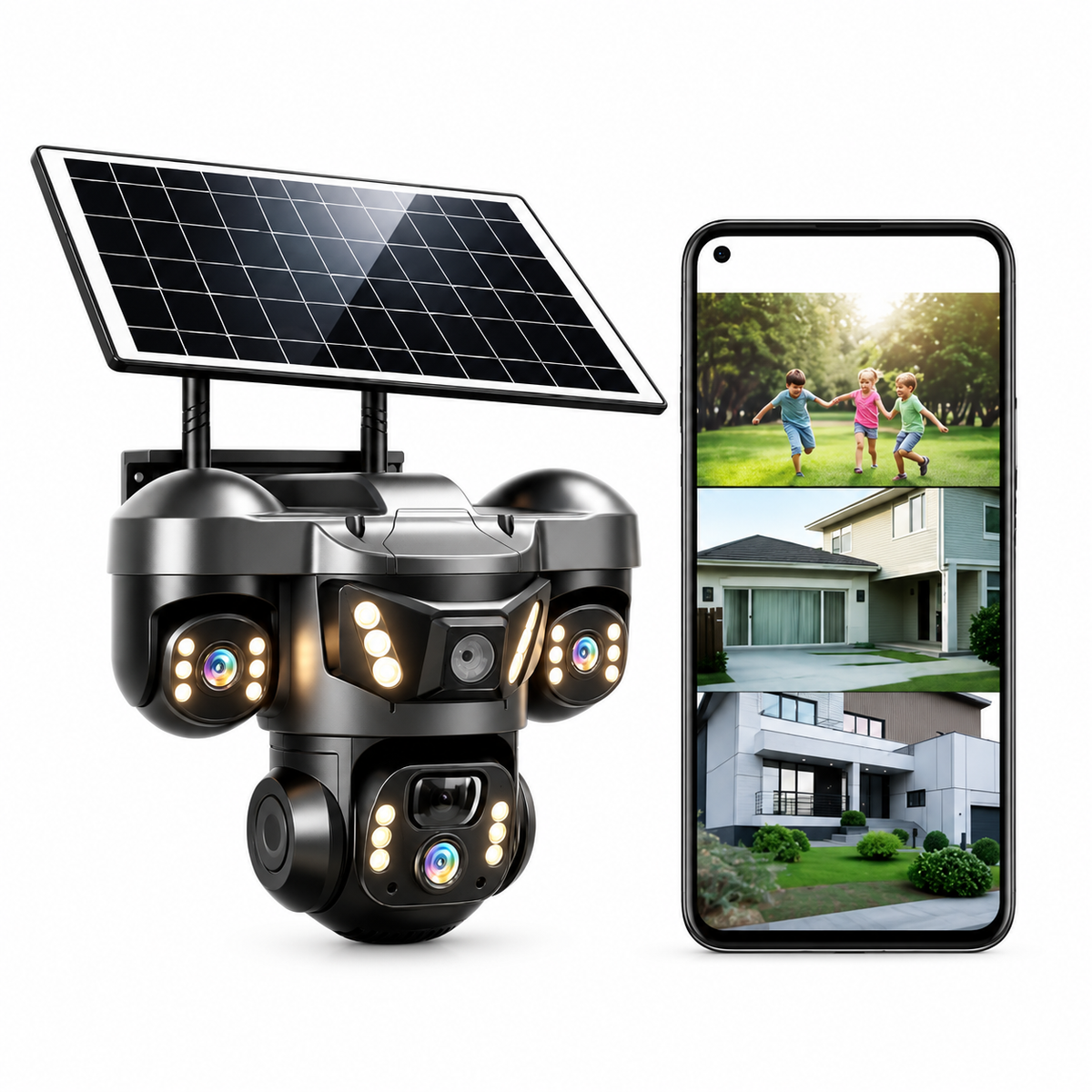 4G Solar Outdoor PTZ 360° Surveillance Camera – Triple Lens, Night Vision, Motion Detection, 128GB Card