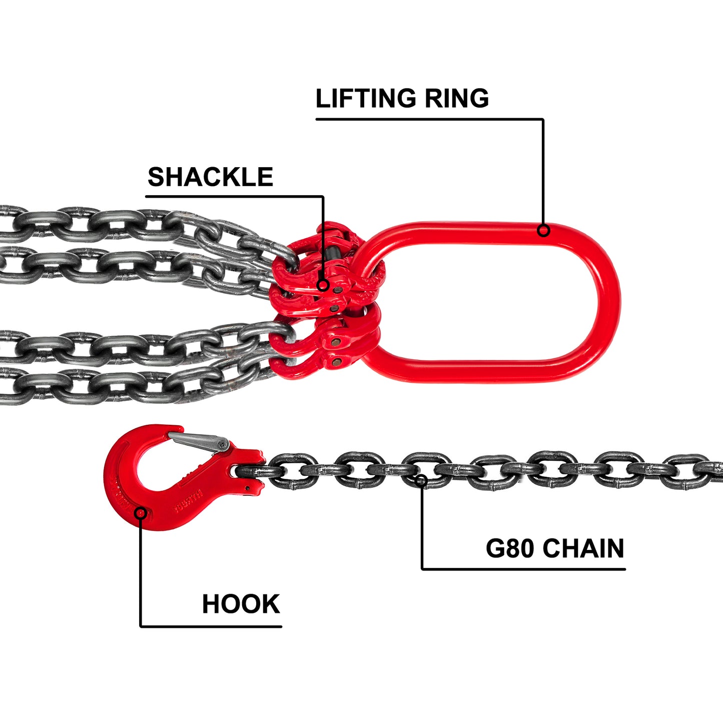 Élingue de Chaîne 4T 8MM – 4 Brins avec Crochets – Longueur 1M ou 2M – Qualité 80 Haute Résistance