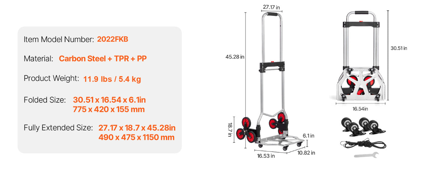 Chariot Diable Pliant 260 lb – Poignée Télescopique – Dolly d’Escalier avec 2 Sangles Élastiques