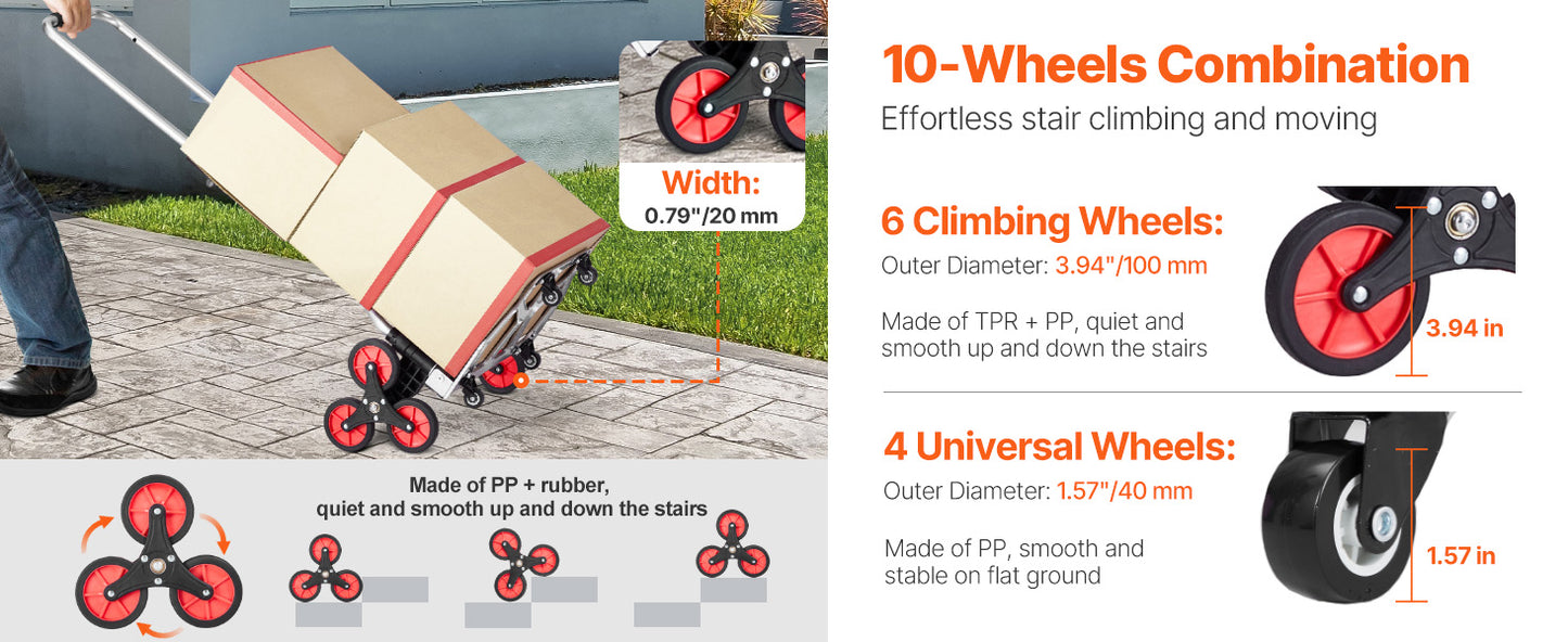 Chariot Diable Pliant 260 lb – Poignée Télescopique – Dolly d’Escalier avec 2 Sangles Élastiques