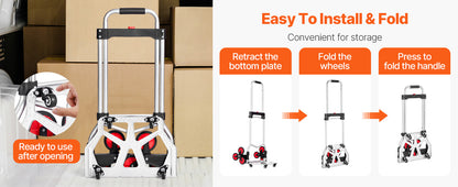 Chariot Diable Pliant 260 lb – Poignée Télescopique – Dolly d’Escalier avec 2 Sangles Élastiques