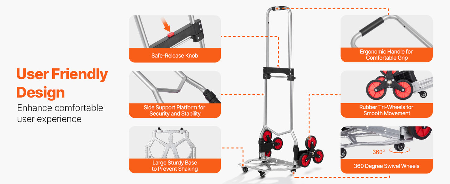 Chariot Diable Pliant 260 lb – Poignée Télescopique – Dolly d’Escalier avec 2 Sangles Élastiques