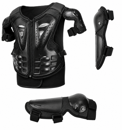Armure de Protection Moto Enfant – Gilet Motocross + Coudières + Genouillères – Noir